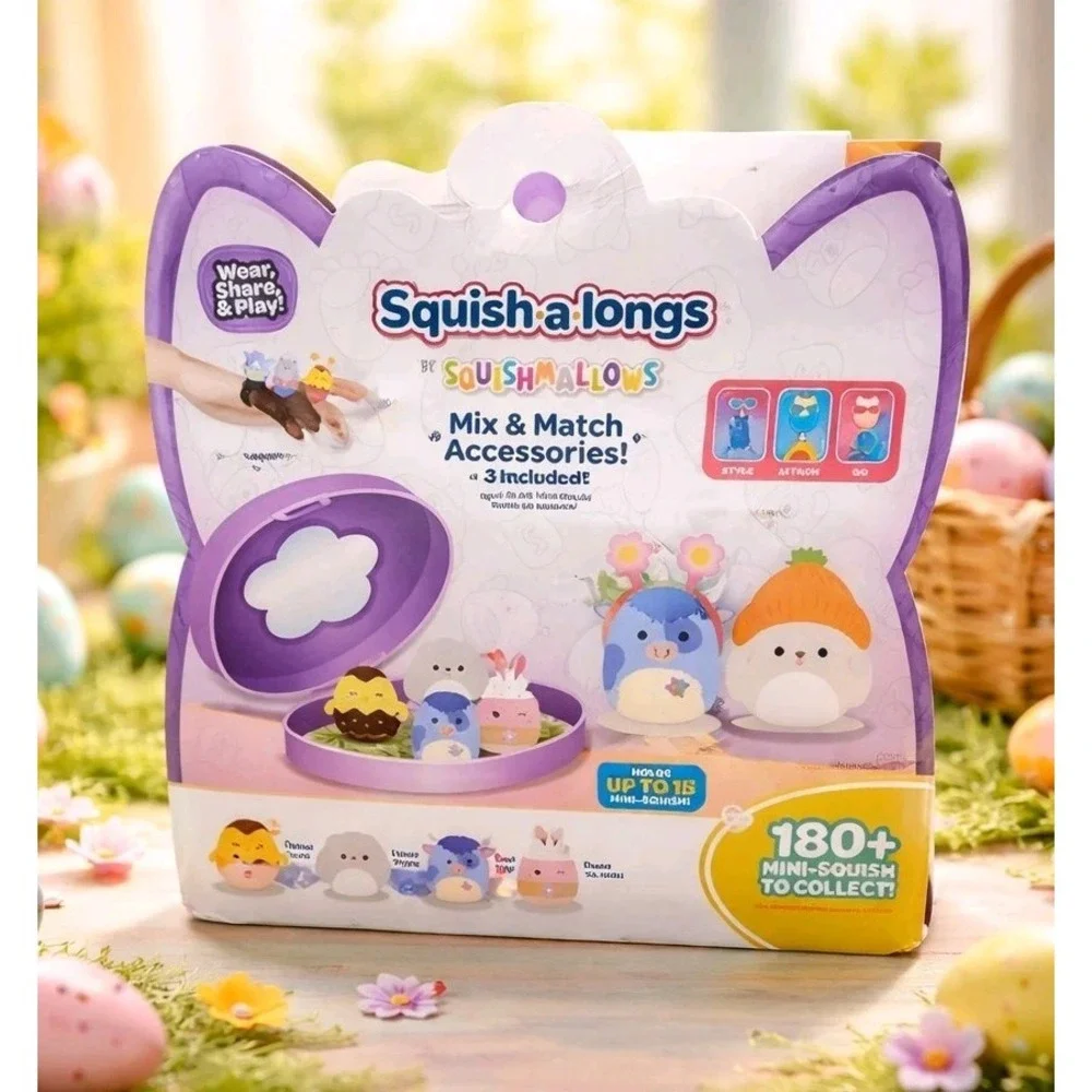 SQUISHMALLOWS SQUISH-A-LONGS EASTER - 8 PIECE SET - SERIES 2 - PURPLE CASE NEW
